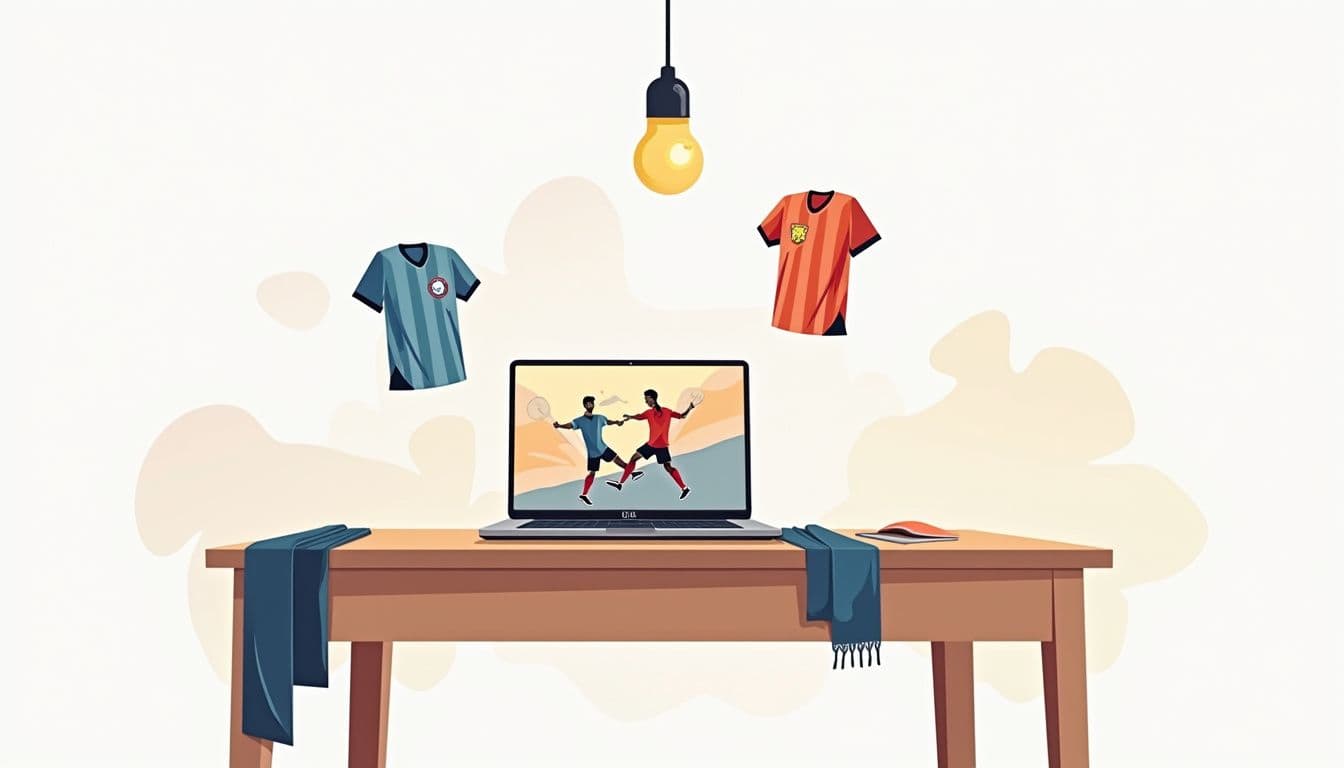 Minimalistische illustratie van een bureau met een laptop en voetbalthema.