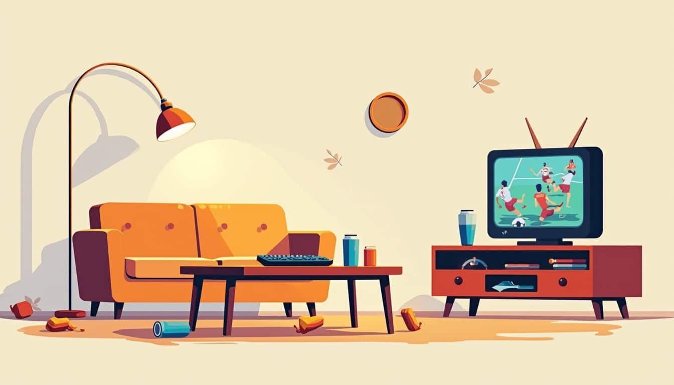 Minimalistische illustratie van een versleten woonkamer met snacks en TV. Minimalistische illustratie van een versleten woonkamer met snacks en TV.