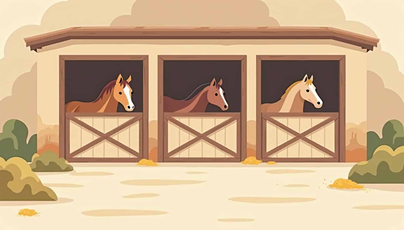 Vectorillustratie van een rustieke barn met elegante, minimalistische paarden.