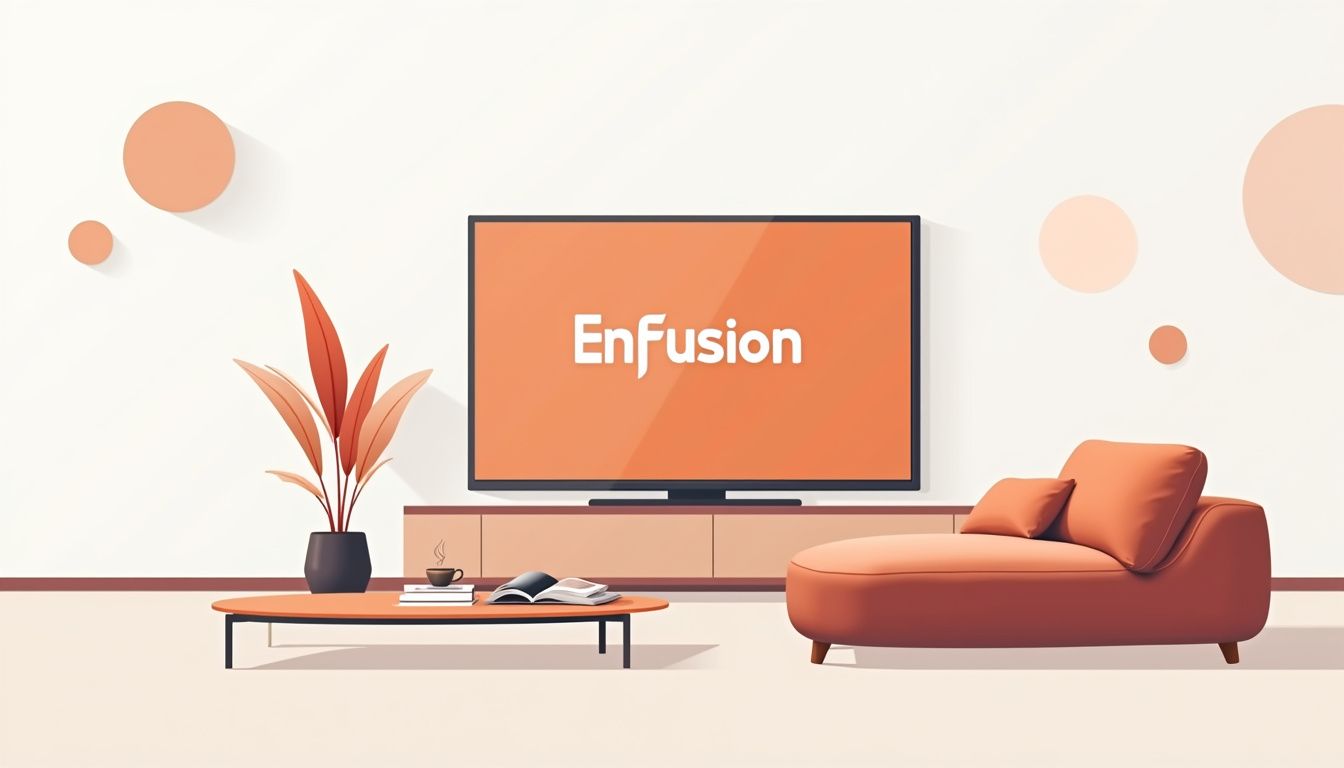 Minimalistische woonkamerillustratie met moderne meubels en een smart TV. Minimalistische woonkamerillustratie met moderne meubels en een smart TV.