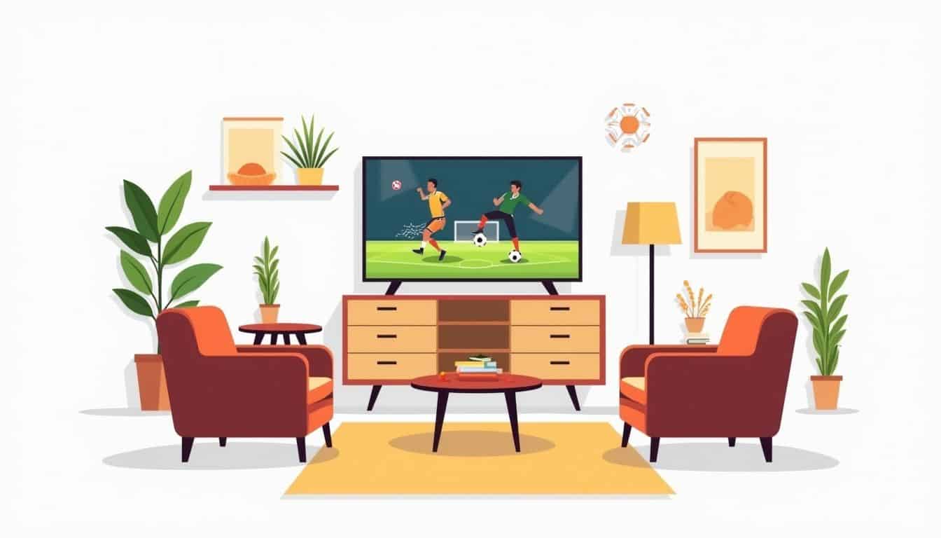 Minimalistische vectorillustratie van een moderne woonkamer met voetbalthema.