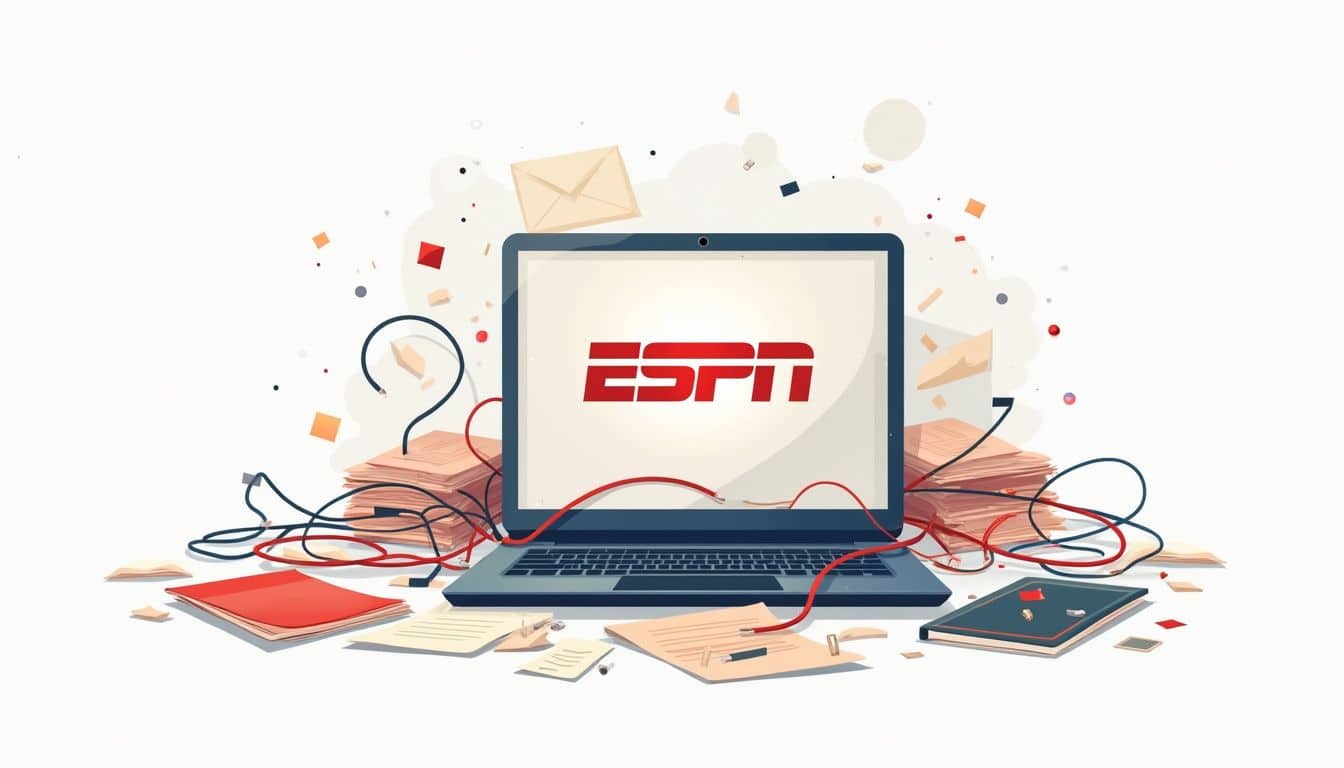 Een minimalistische illustratie van een rommelig bureau met een laptop.