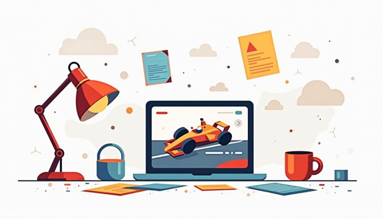 Minimalistische vectorillustratie van een rommelig bureau met laptop en koffie.