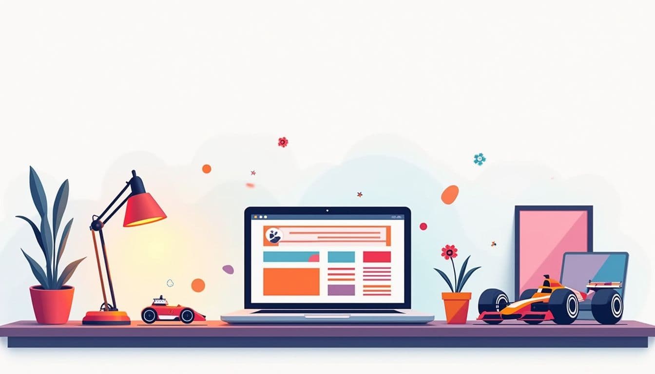 Minimalistische vectorillustratie van een bureau met een laptop en racethema.