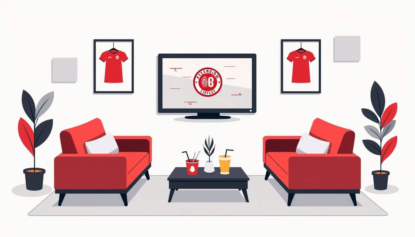 Minimalistische vectorillustratie van een gezellige woonkamer met voetbalthema. Minimalistische vectorillustratie van een gezellige woonkamer met voetbalthema.
