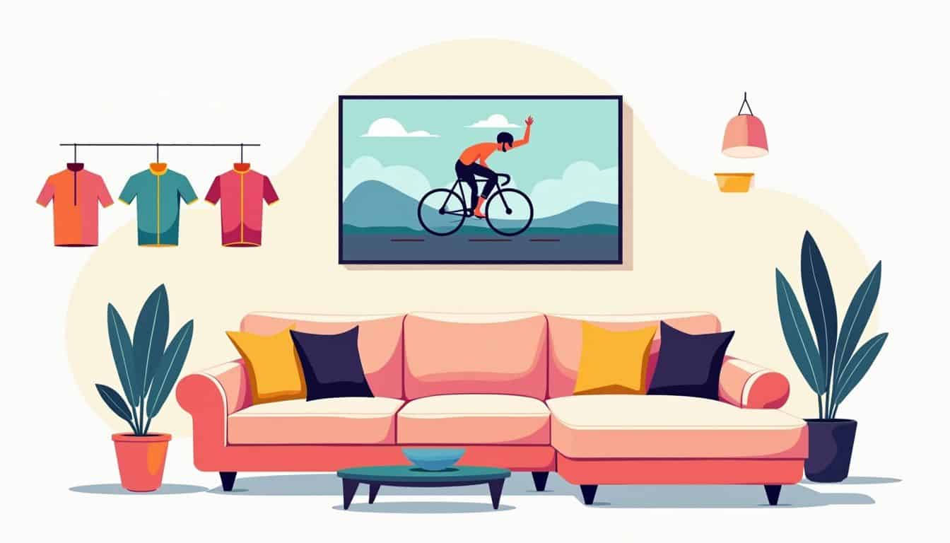 Minimalistische woonkamer met geometrische elementen en levendige kleuren.