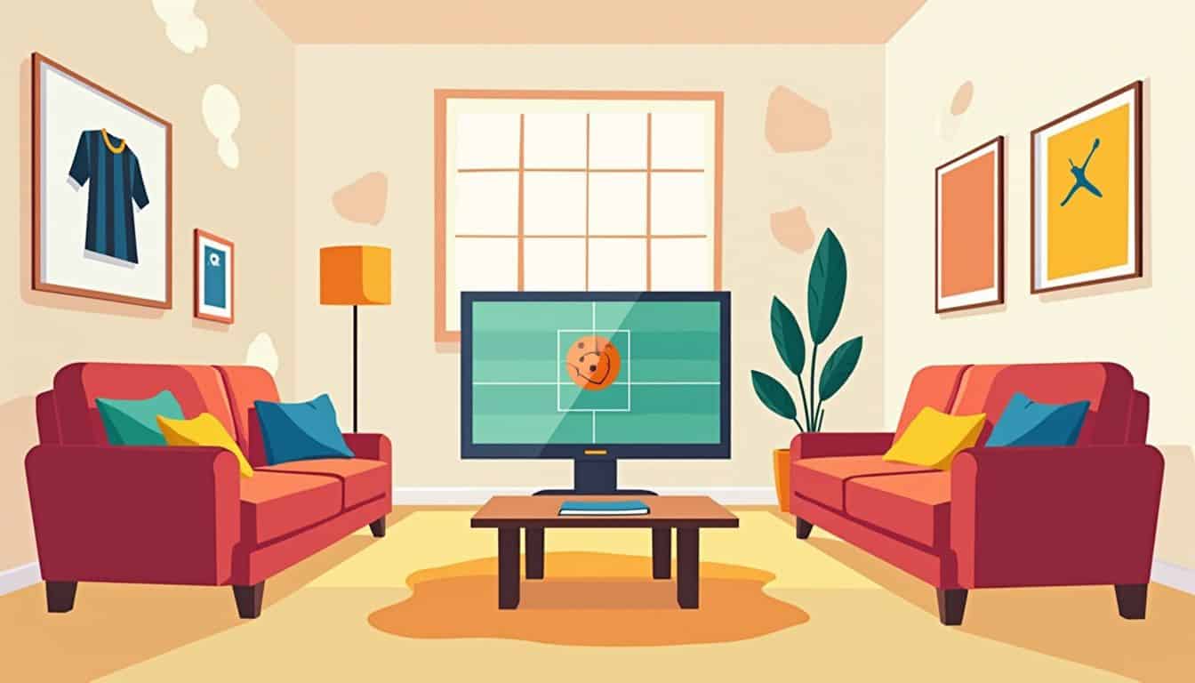 Minimalistische vectorillustratie van een gezellige moderne woonkamer met sportthema. Minimalistische vectorillustratie van een gezellige moderne woonkamer met sportthema.