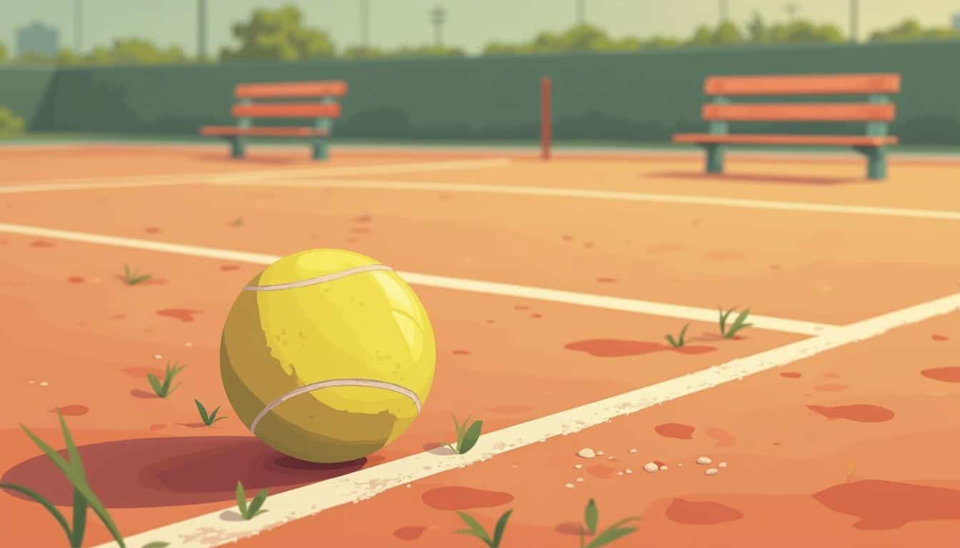 Oude tennisbal op een stoffige klei tennisbaan in minimalistische stijl.