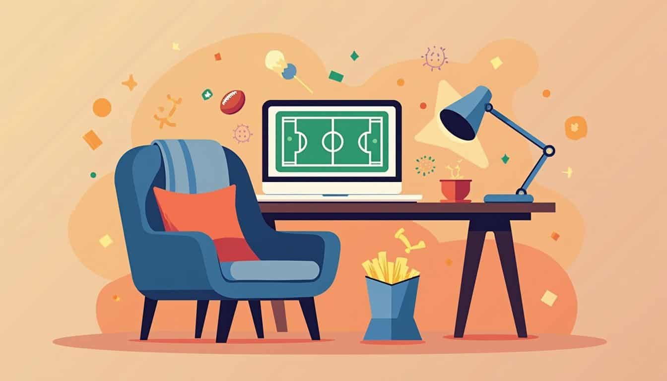 Minimalistische vectorillustratie van een rommelige bureau met laptop en snacks.