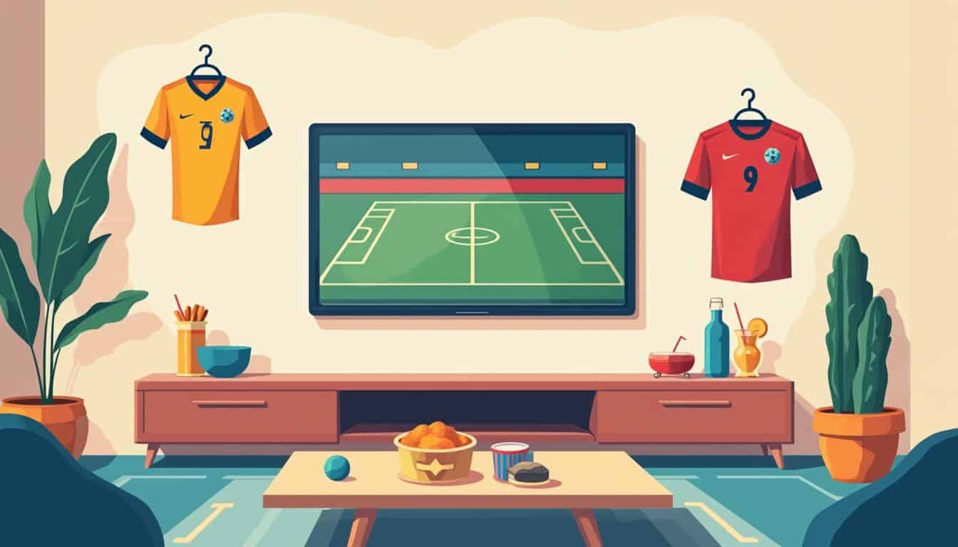 Minimalistische woonkamer met een moderne TV en kleurrijke voetbalkleding.