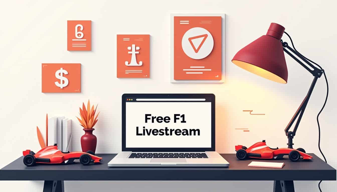 Minimalistische werkruimte met laptop en Formule 1 memorabilia.