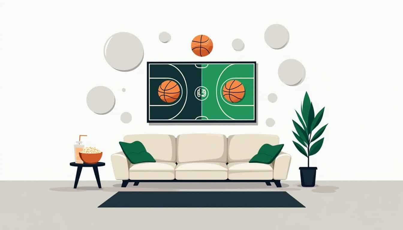 Minimalistische woonkamer met televisie en basketbalwedstrijd in vlakke kleuren.