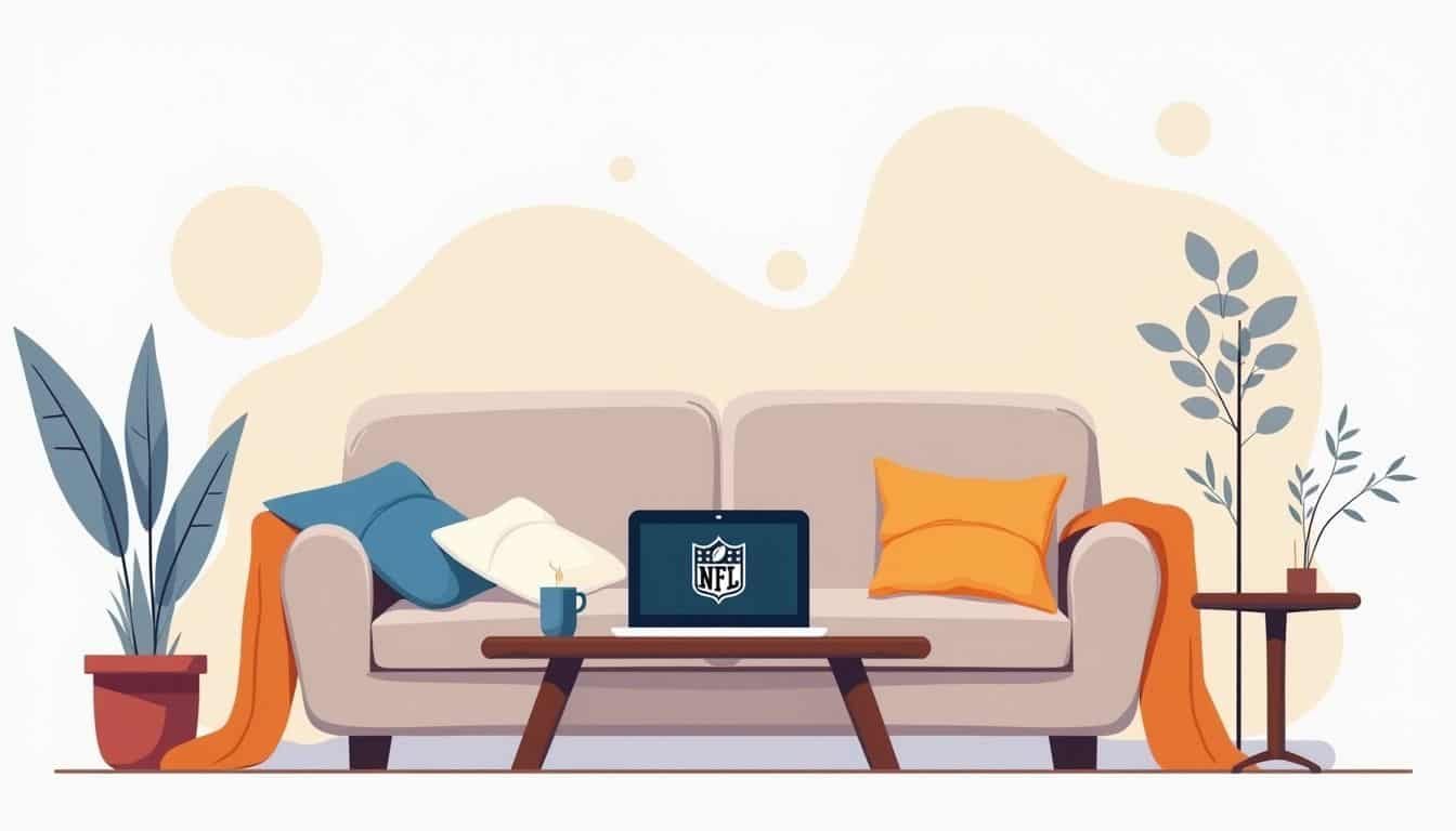 Minimalistische woonkamer met laptop en NFL-spelicoon op tafel.
