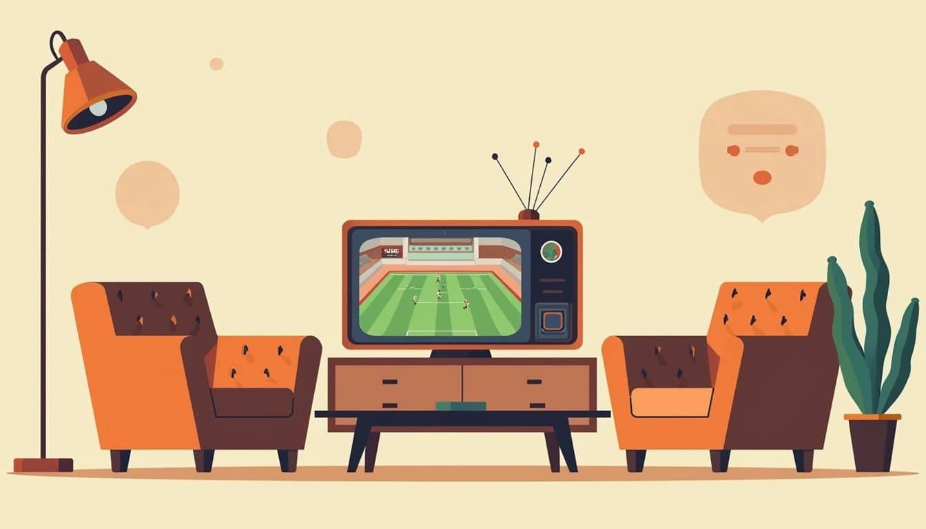 Minimalistische vectorillustratie van een vintage woonkamer met retro meubels.