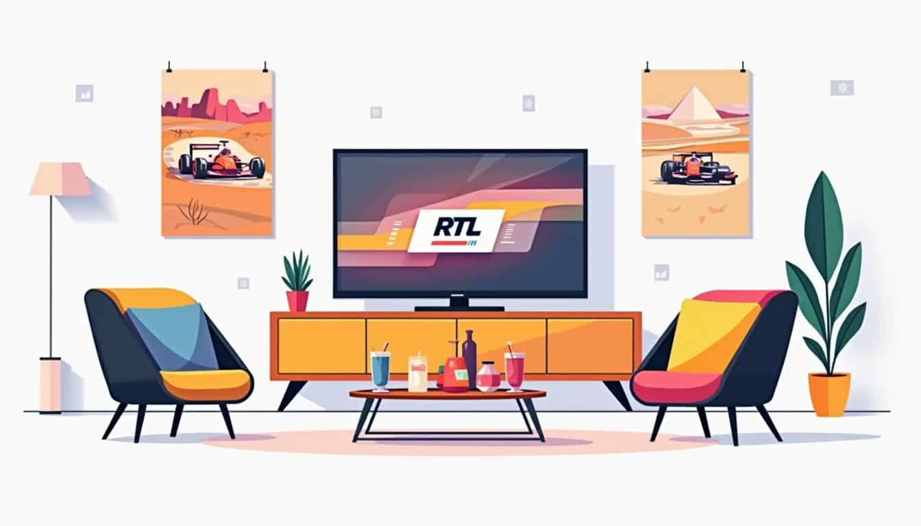 Moderne woonkamer met een TV en raceposters in minimalistische stijl.