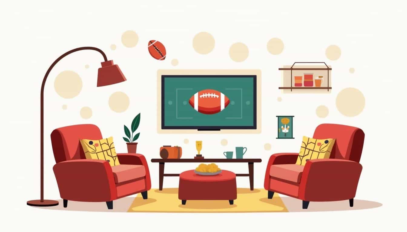 Minimalistische illustratie van een gezellige woonkamer met rugbythema.