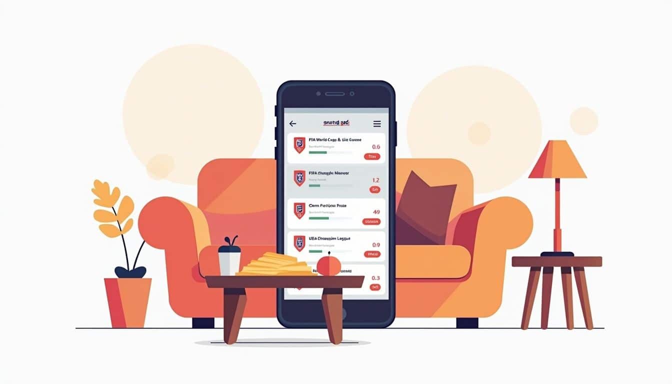 Flat vectorillustratie van een smartphone in een moderne woonkamer.