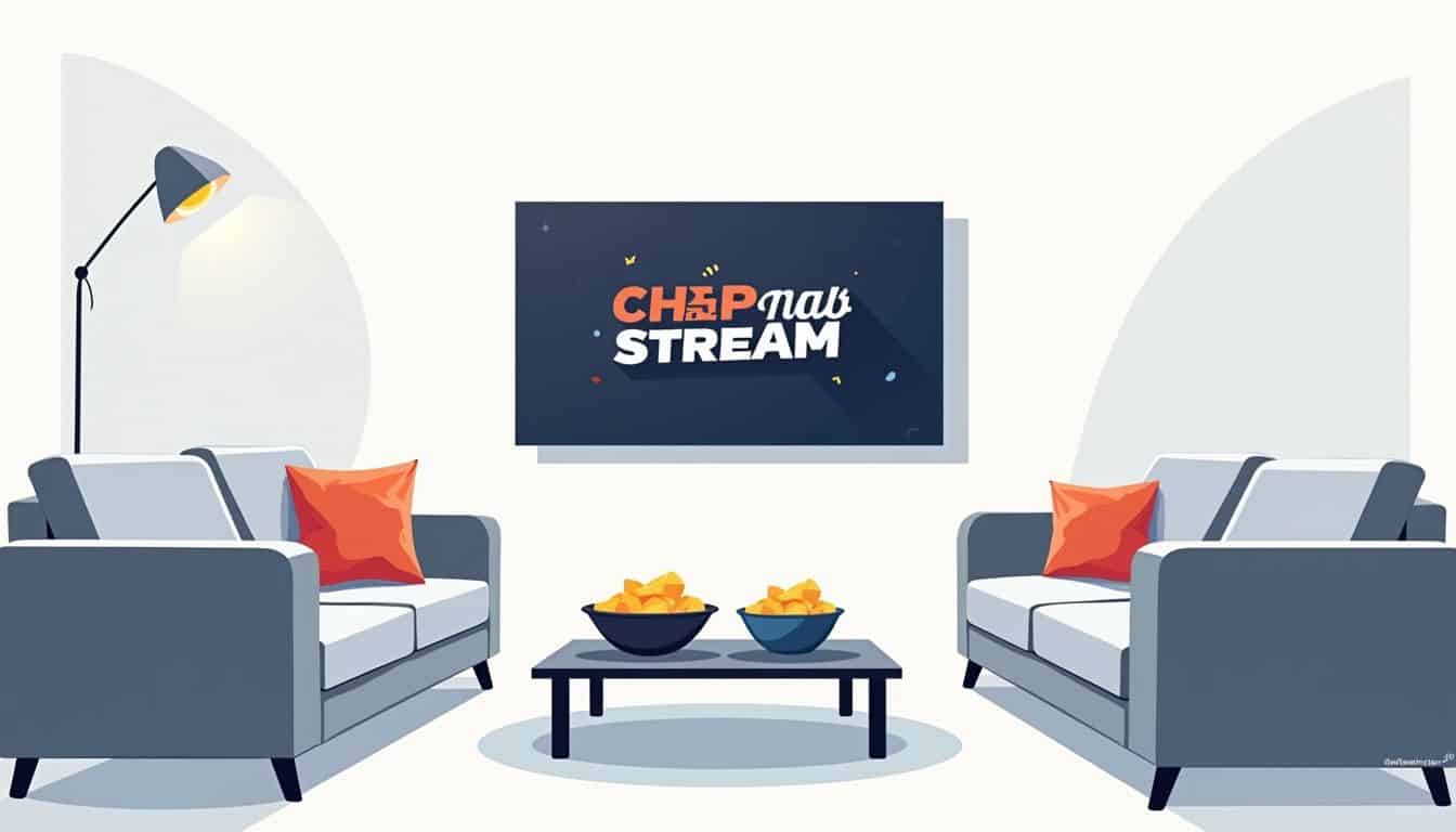 Minimalistische woonkamer met grote TV en sportevenement graphic.