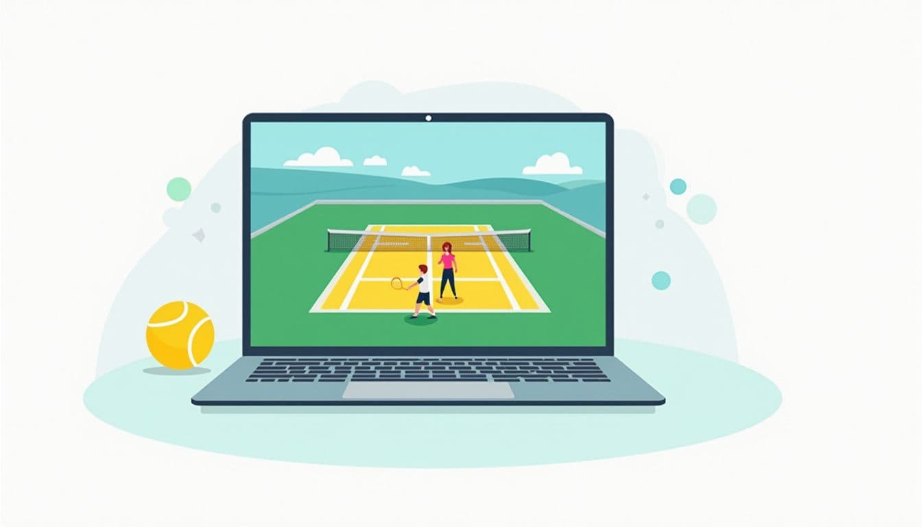 Minimalistische vectorillustratie van een laptop met kleurrijke tenniswedstrijd.