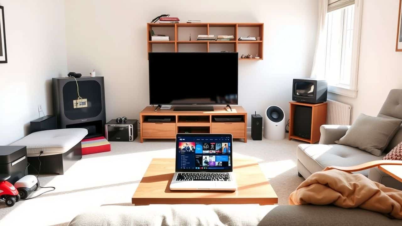 Een rommelige woonkamer met een open laptop toont gratis tv-kanalen.